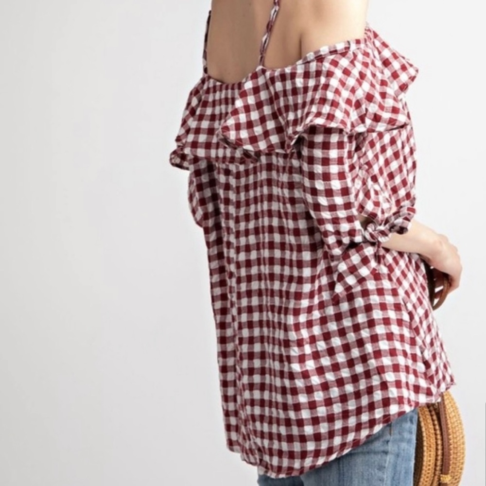 Gingham  Ruffle Blouse Top - Picture 9 of 10